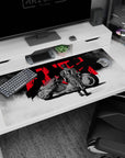 40x20 inches anime desk pad showing biker in creased leather suit, back turned beside sleek black bike.