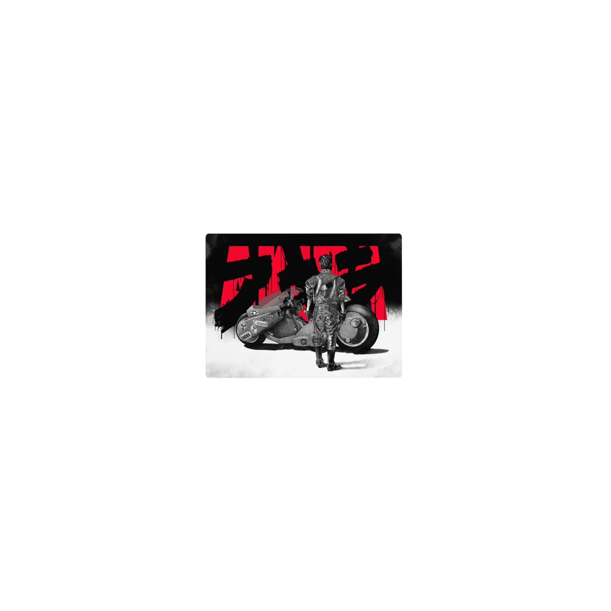 Classic anime mouse pad 14x10 inches with lone biker and matte-black motorcycle on foggy white backdrop.