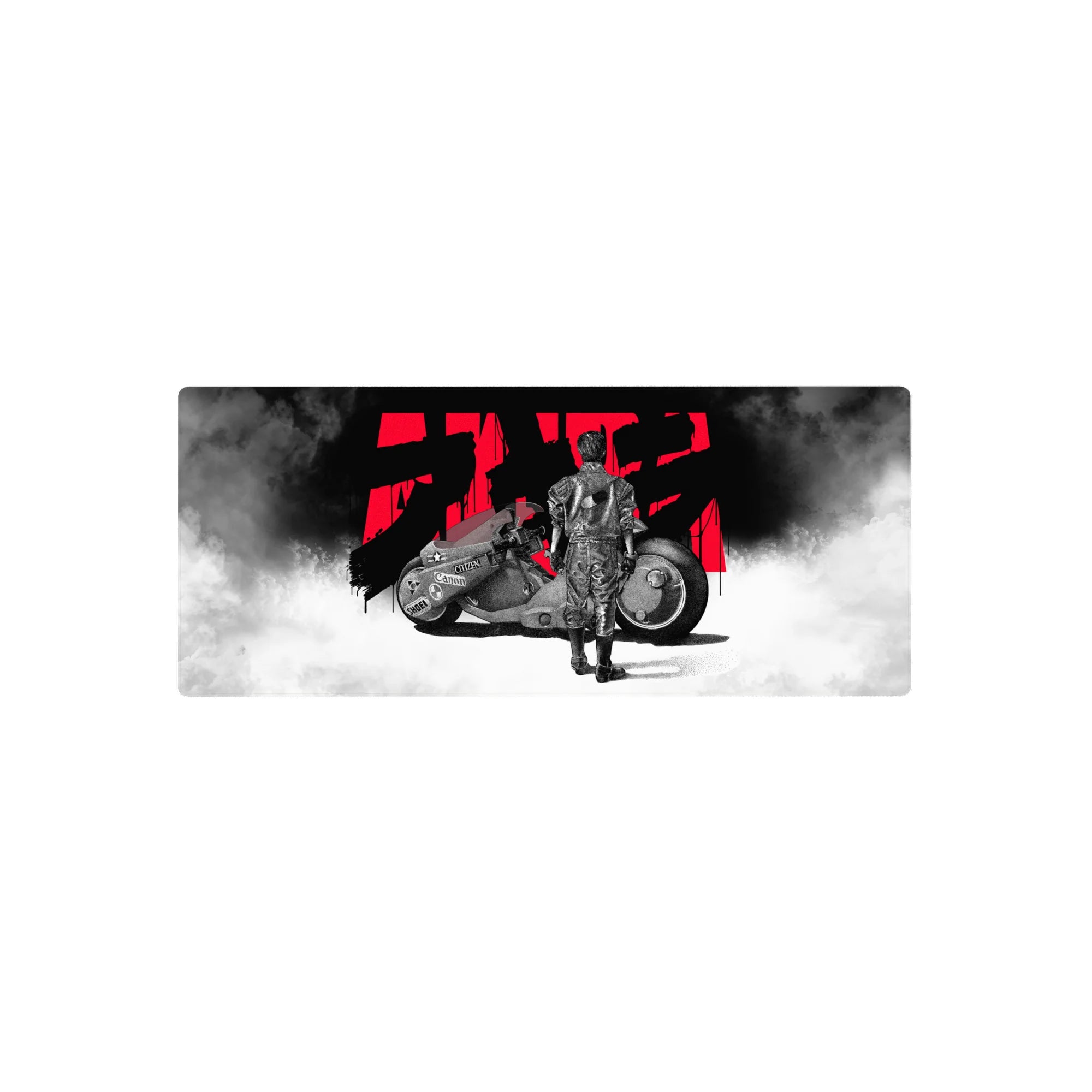 Anime mouse pad 28x12 inches featuring lone biker and matte-black motorcycle with red kanji splash.