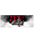 32x12 inches anime mouse pad with lone biker and matte-black motorcycle, red kanji splash, fog backdrop.