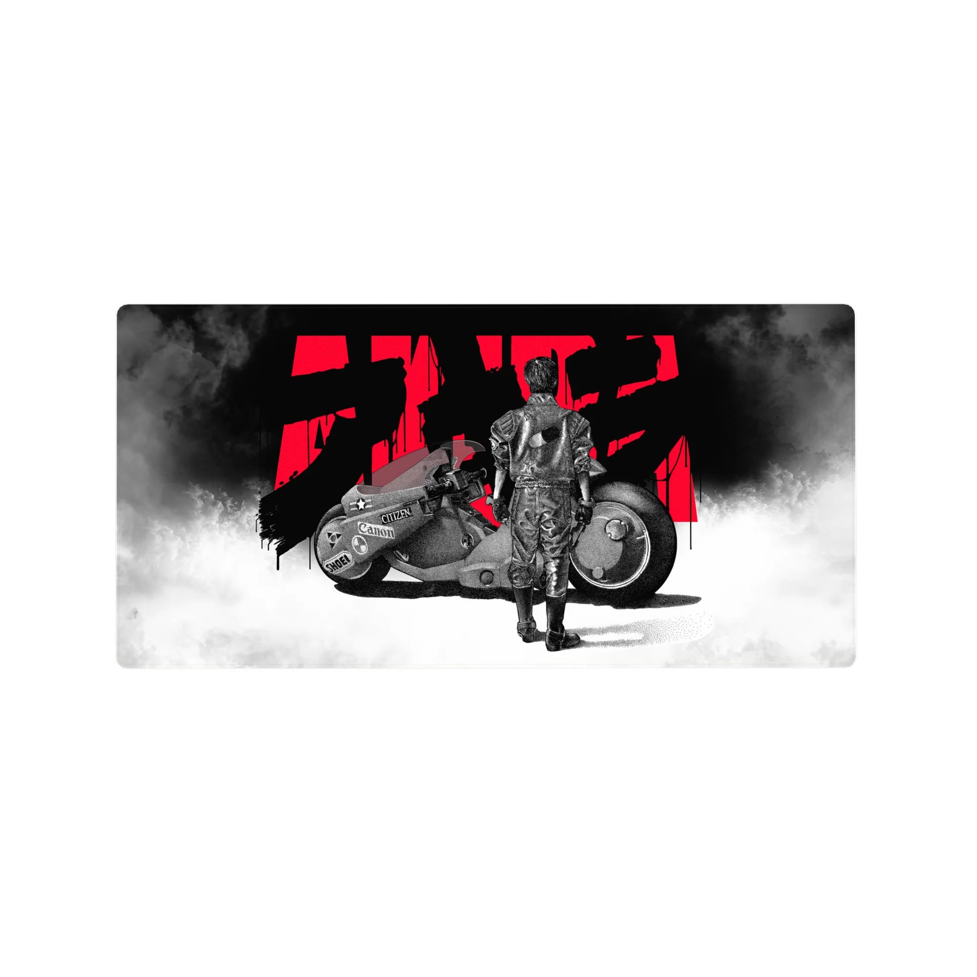 32x16 inches anime mouse pad with lone rider and matte-black motorcycle, red kanji splash, foggy ground.