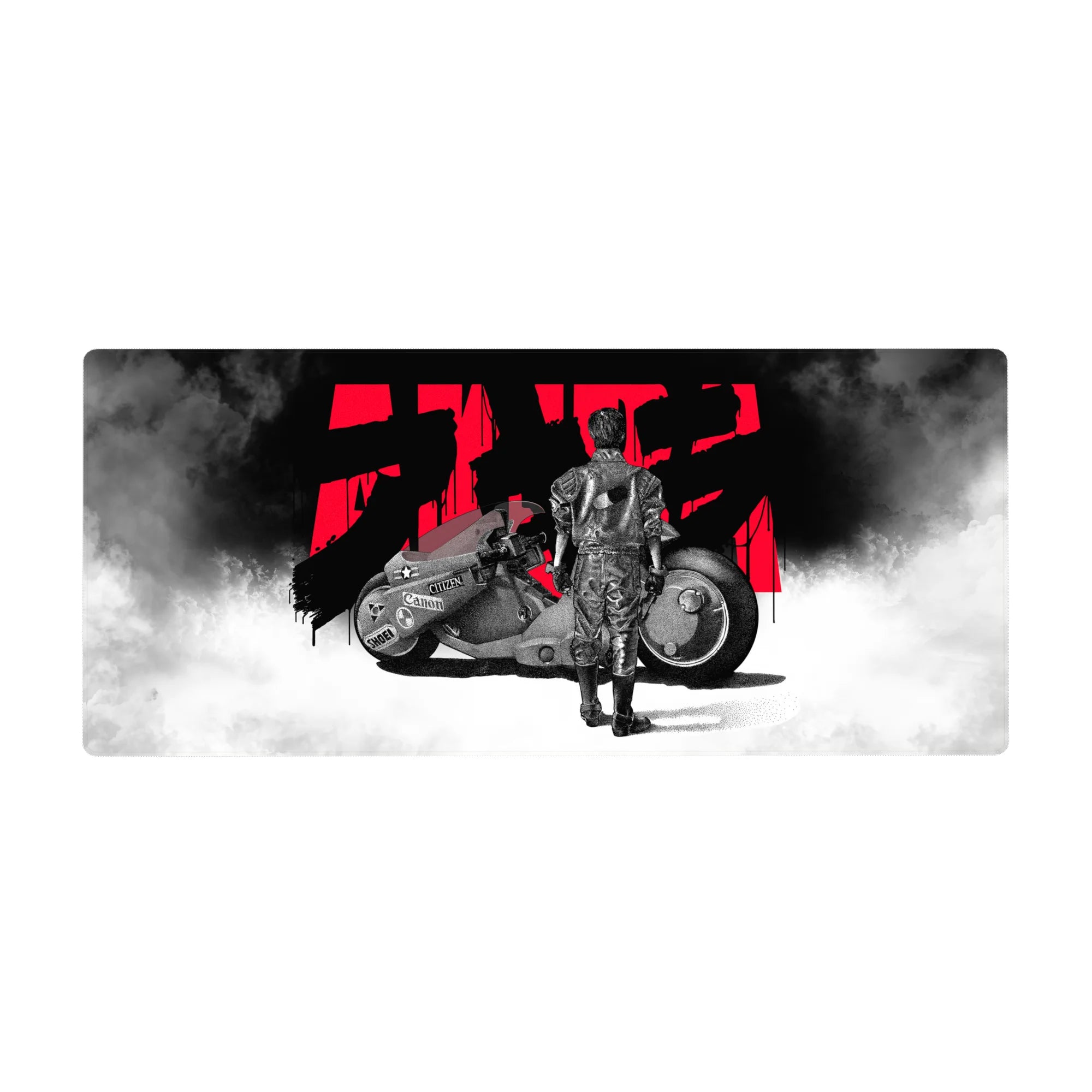 Cyberpunk anime desk pad 36x16 inches with lone rider and matte-black motorcycle in smoky white fog.