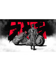 Anime desk pad 40x20 inches with lone rider and matte-black motorcycle in fog, red kanji backdrop.