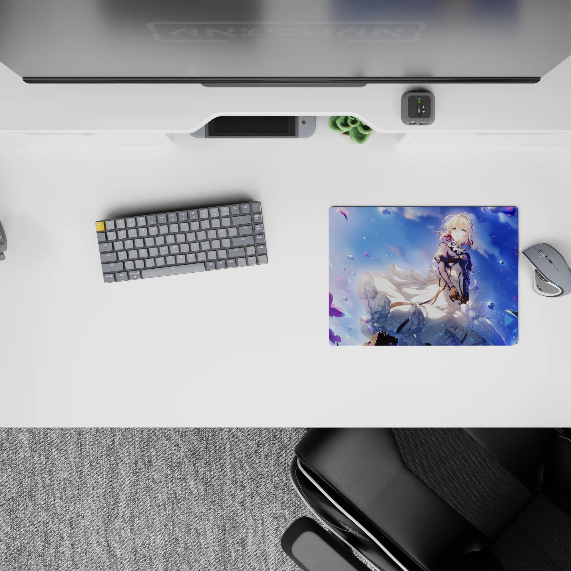 Dreamy pastel anime mouse pad 14x10 inches in sapphire sky blues, violet accents, teal eyes, soft sparkles.