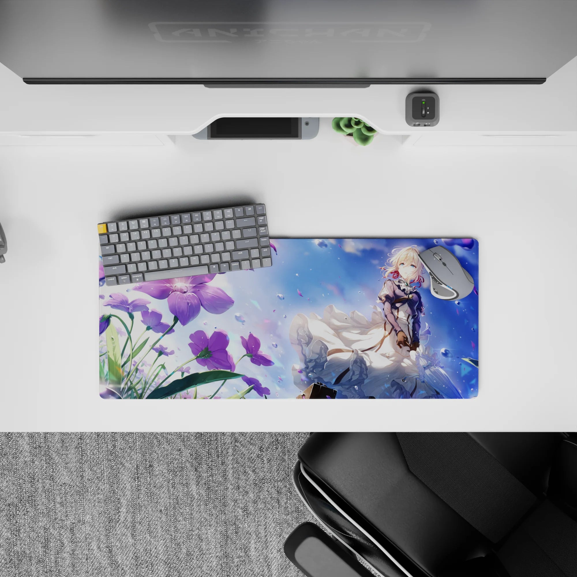 28x12 inches anime desk mouse pad in dreamy sapphire sky tones, teal eyes, violet accents, and sparkles.