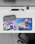 28x12 inches anime desk mouse pad in dreamy sapphire sky tones, teal eyes, violet accents, and sparkles.