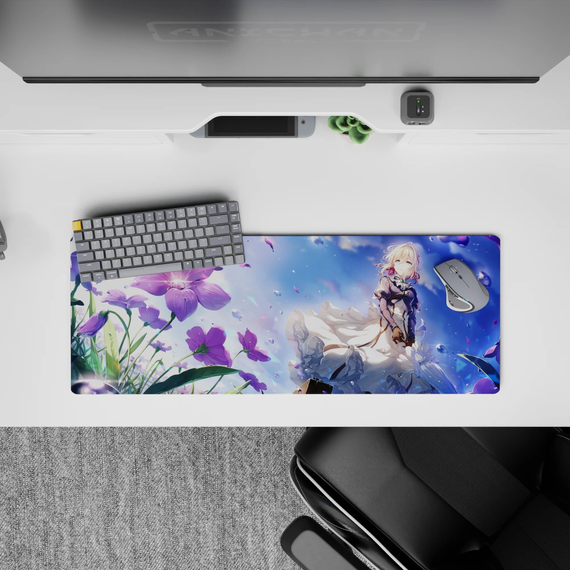 32x12 inches anime desk mat in sapphire sky blues, violet accents, teal eyes, and dreamy sparkles.