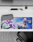 32x12 inches anime desk mat in sapphire sky blues, violet accents, teal eyes, and dreamy sparkles.