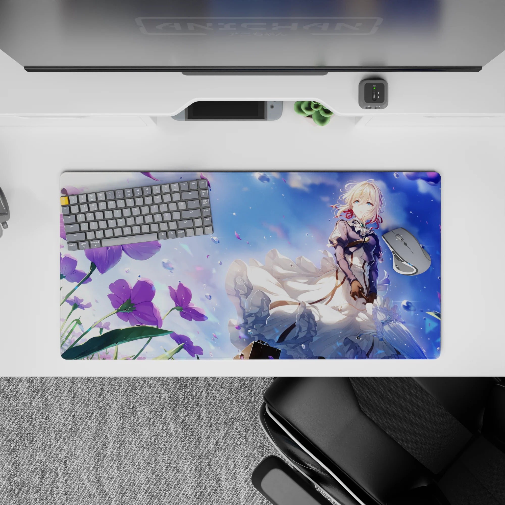 Dreamy sapphire sky anime desk mat mouse pad 32x16 inches in teal, violet, and soft sparkles.
