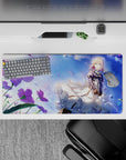 Dreamy sapphire sky anime desk mat mouse pad 32x16 inches in teal, violet, and soft sparkles.