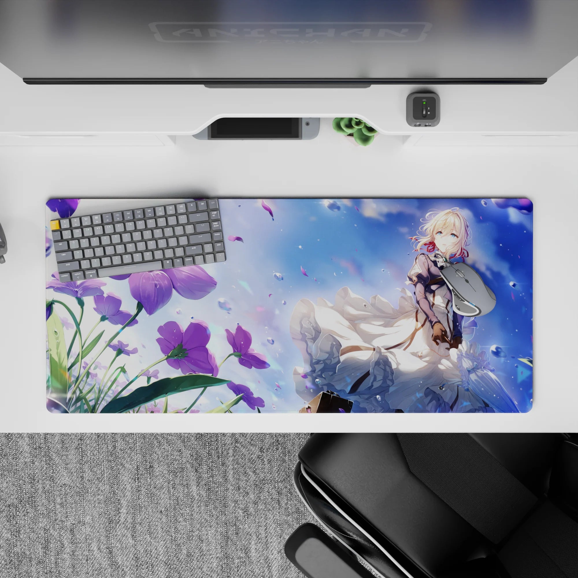 Dreamy sapphire sky desk pad 36x16 inches with teal-eyed anime girl, violet accents, drifting sparkles.
