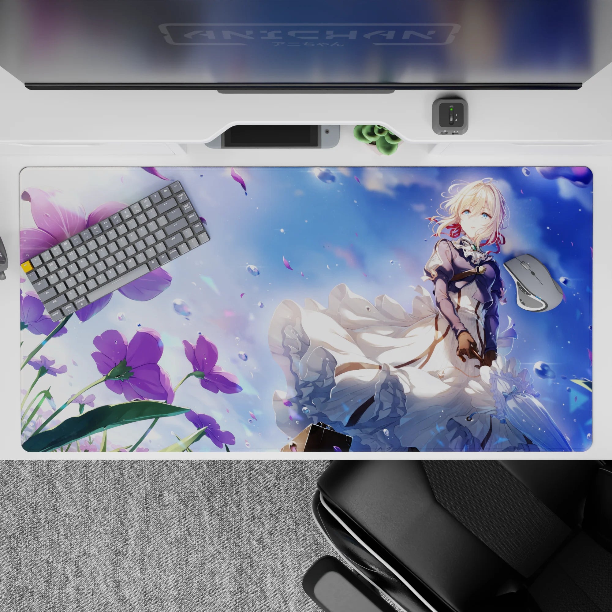 Dreamy sapphire-sky anime desk pad 40x20 inches in teal, violet, and soft sparkles for smooth tracking.