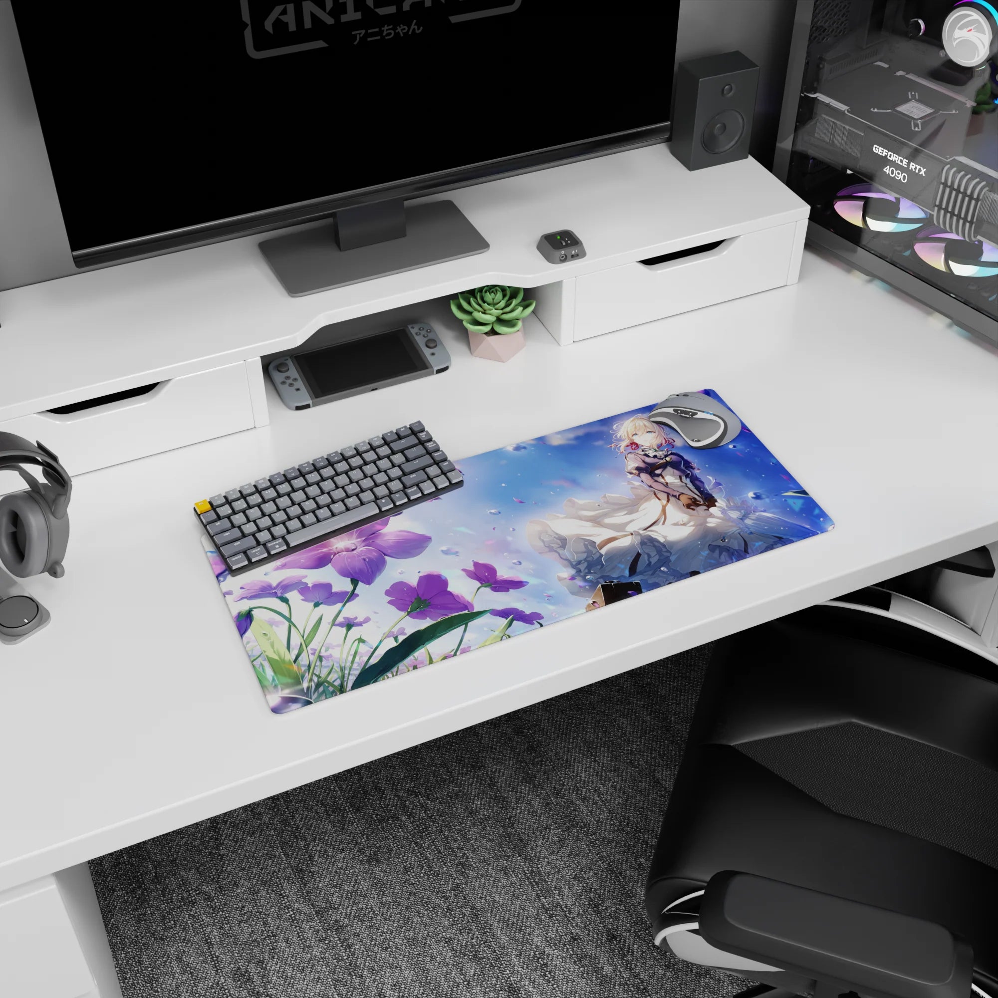 28x12 inches mouse pad showing a blonde anime girl in billowing white skirts, ribboned collar, petals drifting.