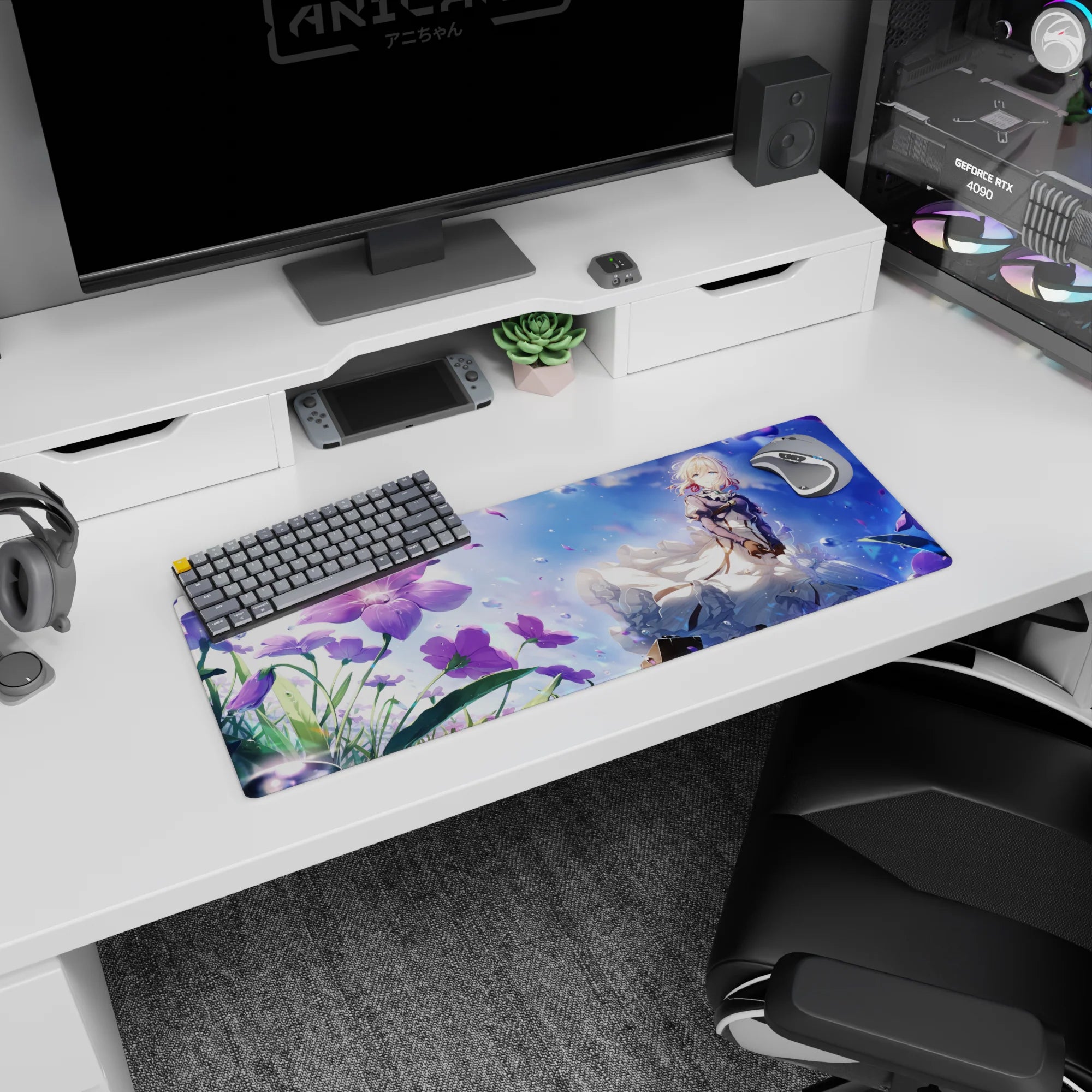 32x12 inches anime girl mouse pad showing a blonde girl in billowing white skirts beside big purple blooms.