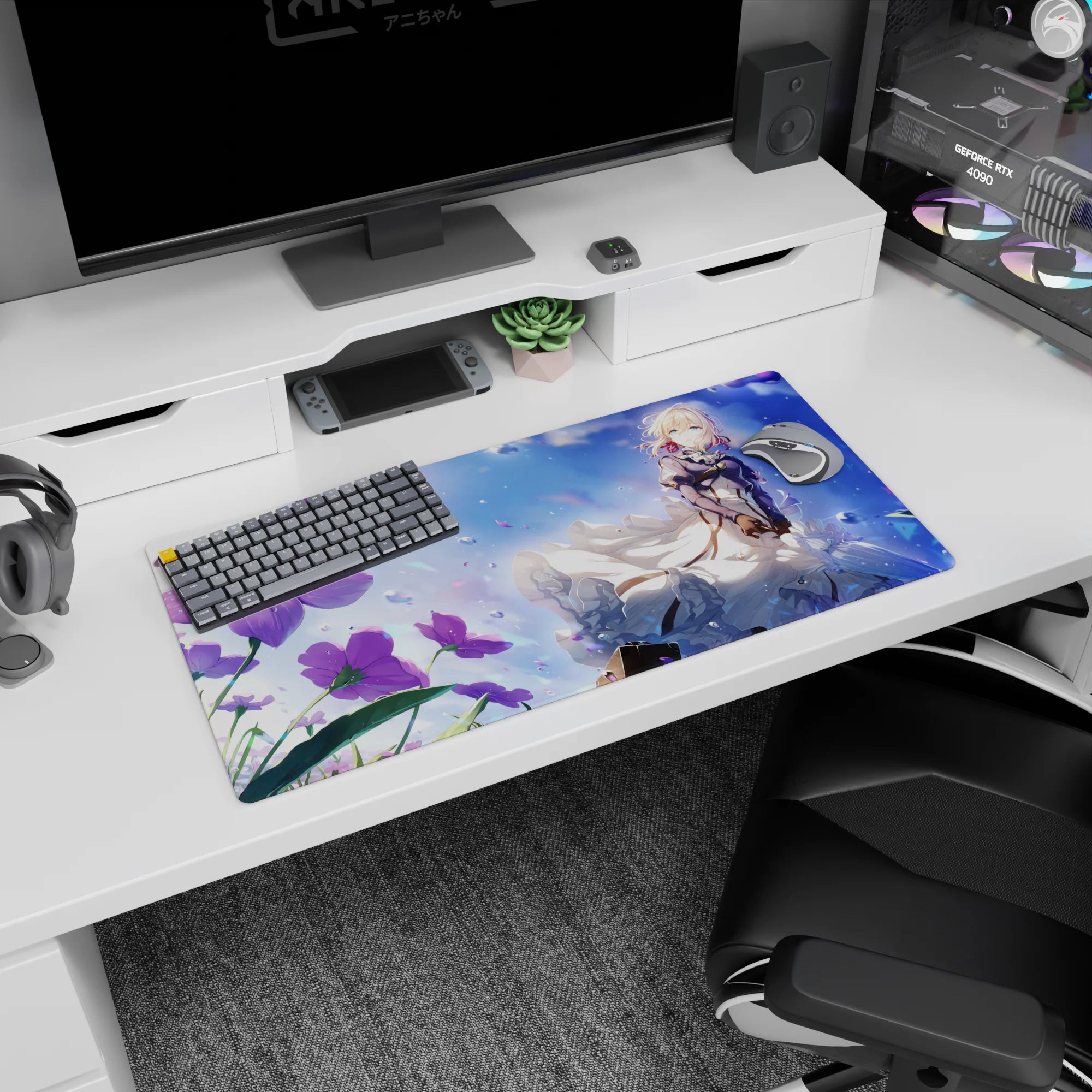 Blonde anime girl in billowing white skirt storm by purple blooms on mouse pad 32x16 inches.