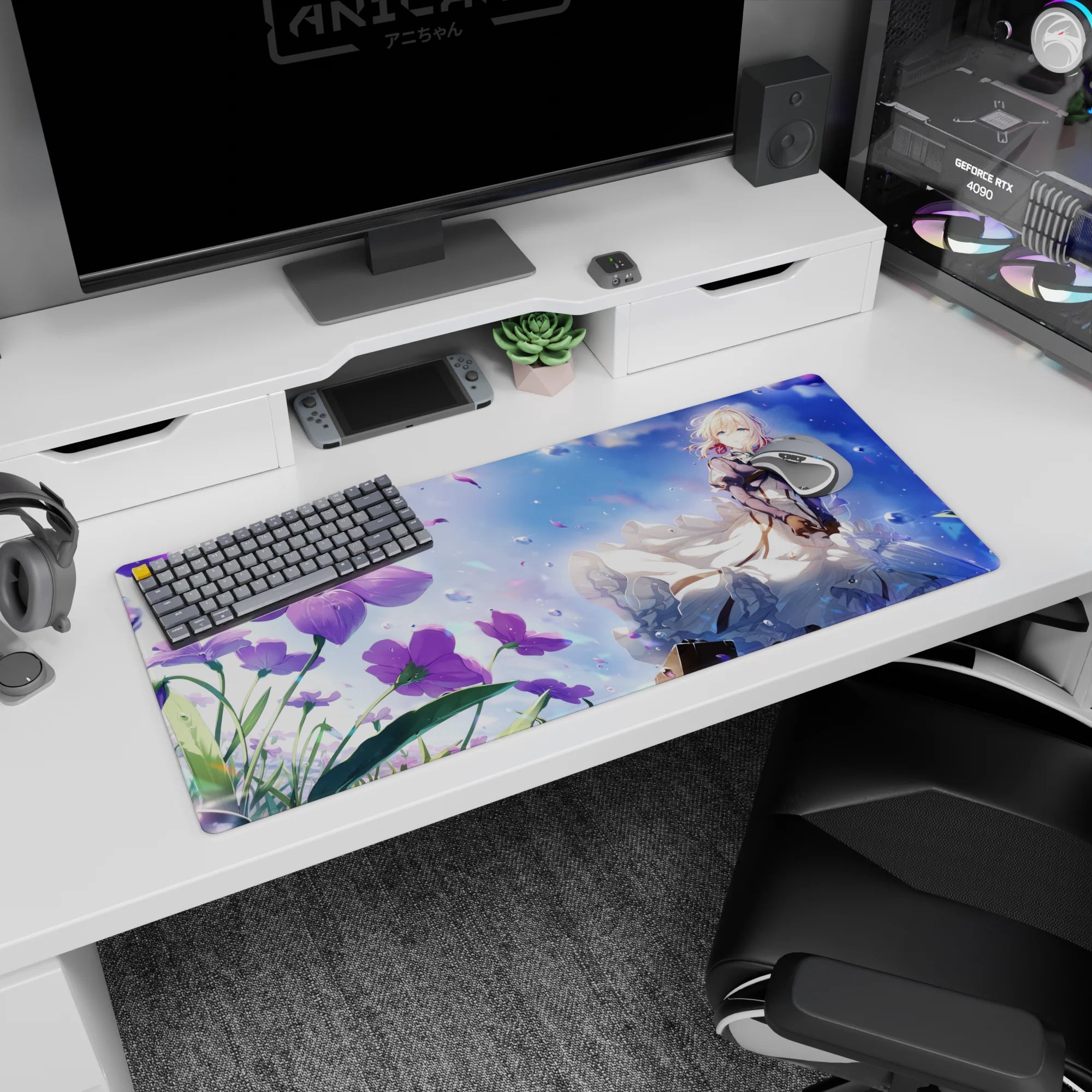 Blonde anime girl poses in billowing white skirts by purple blooms on desk pad 36x16 inches.