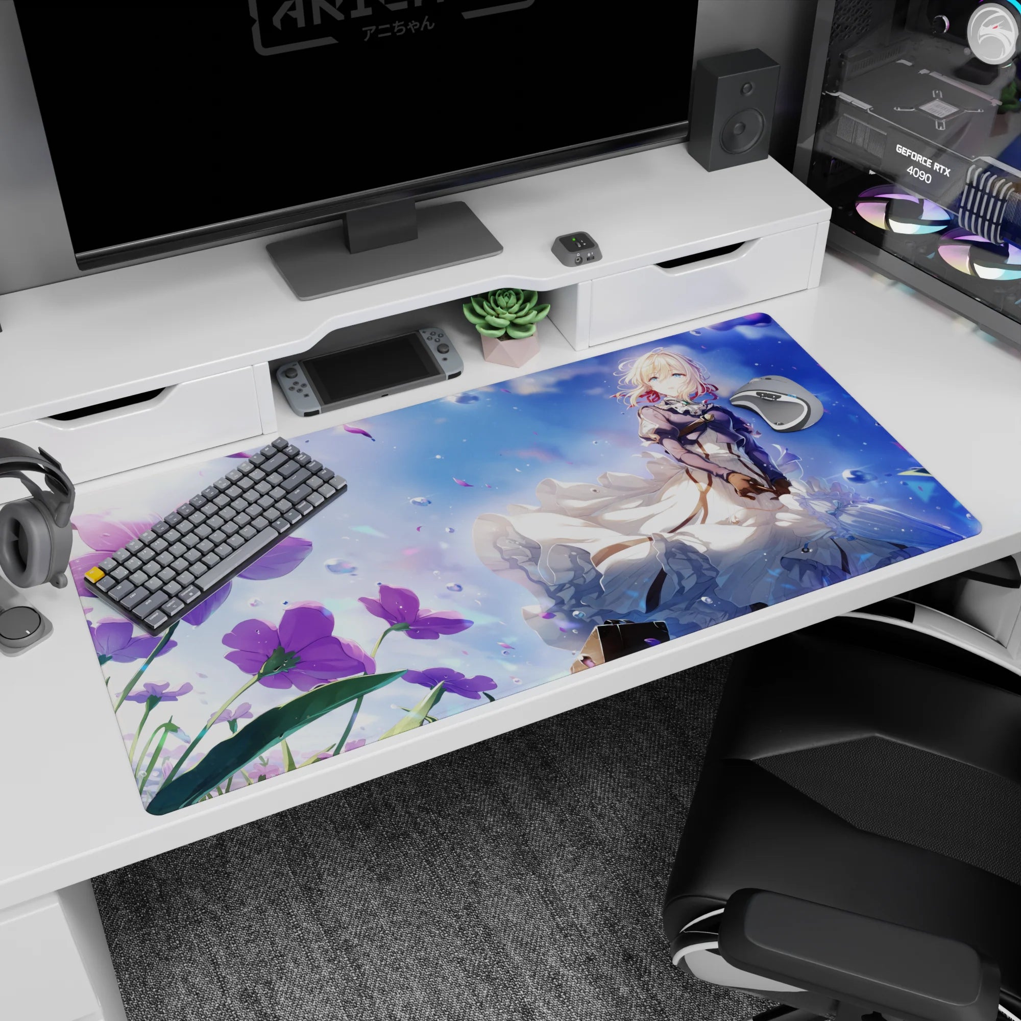 Blonde anime girl in billowing white skirts under a soft breeze, floral sparkles desk pad 40x20 inches.