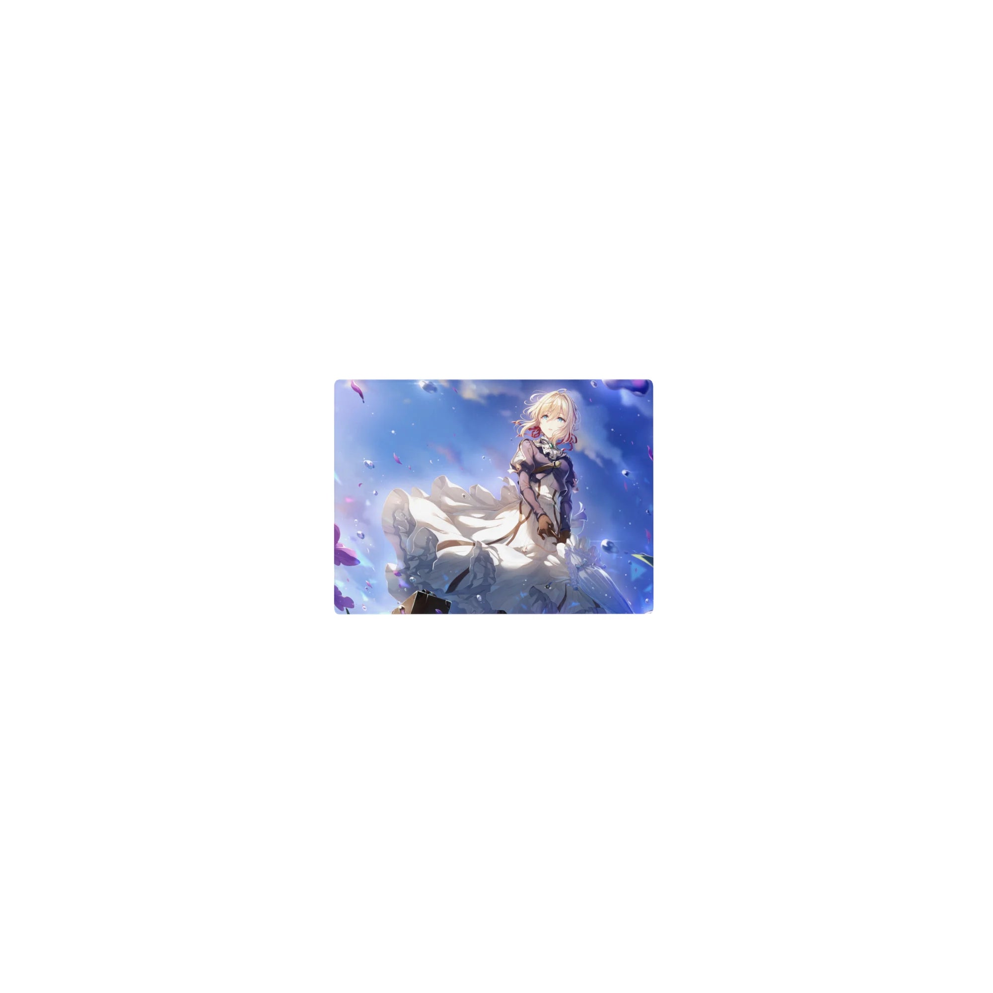 Classic anime girl mouse pad 14x10 inches with blonde girl in white lace skirt, violet jacket, purple flowers.