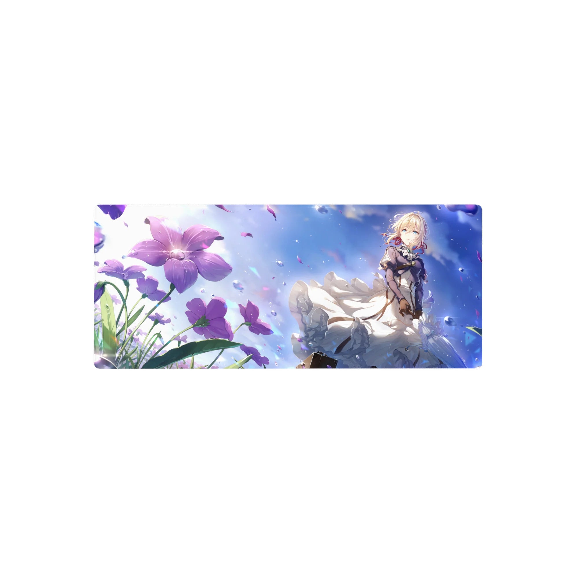 28x12 inches anime girl mouse pad with blonde girl in white lace skirt, violet jacket, and purple flowers.