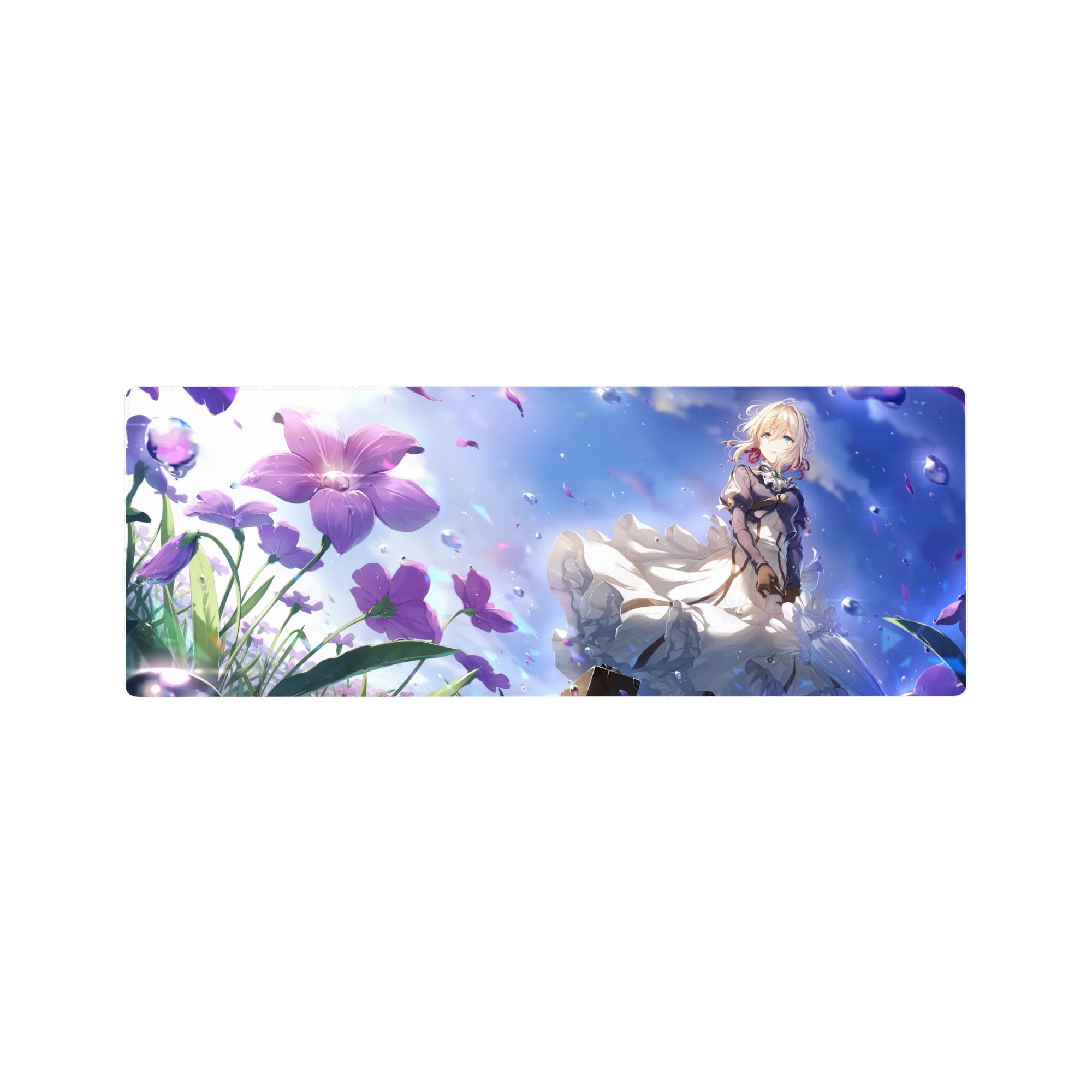32x12 inches anime girl mouse pad with blonde girl, white lace skirt, violet jacket, and purple flowers.