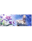 32x12 inches anime girl mouse pad with blonde girl, white lace skirt, violet jacket, and purple flowers.