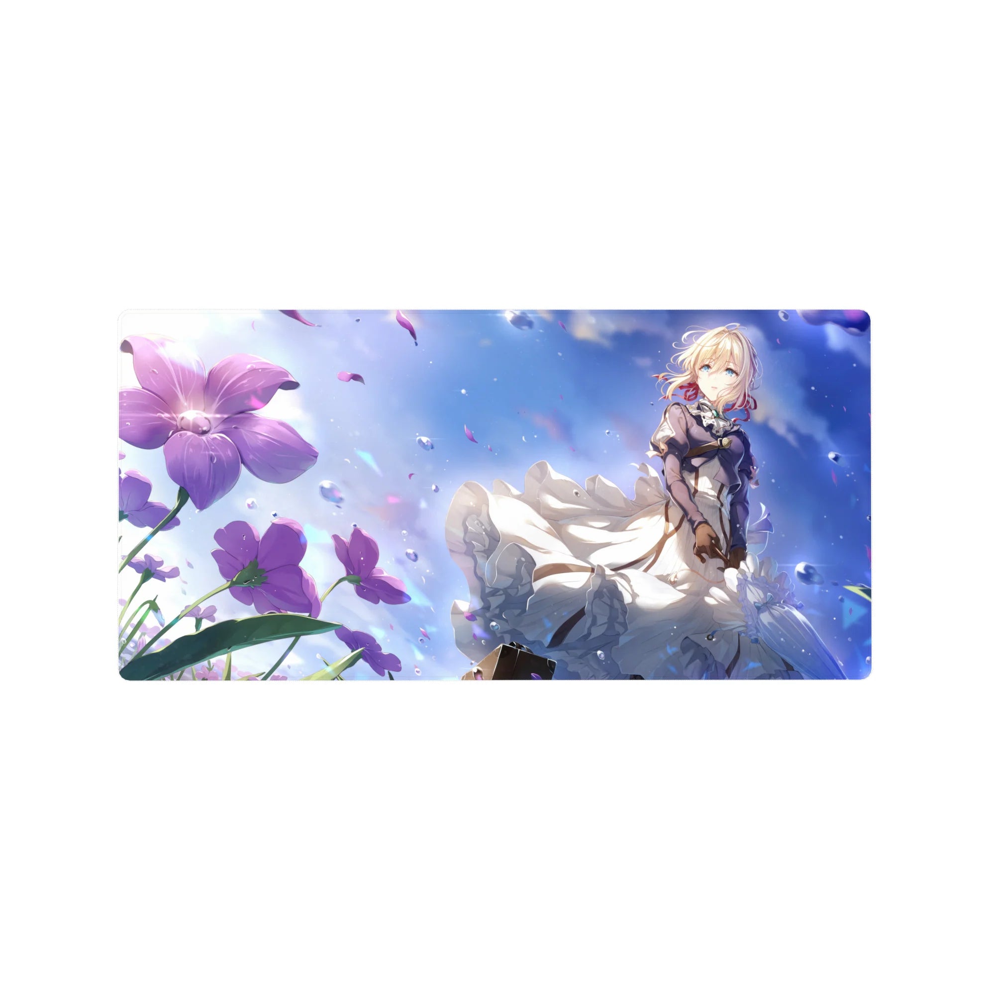 Anime girl mouse pad 32x16 inches with blonde heroine, white lace skirts, violet jacket, and purple flowers.