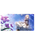 Anime girl mouse pad 32x16 inches with blonde heroine, white lace skirts, violet jacket, and purple flowers.