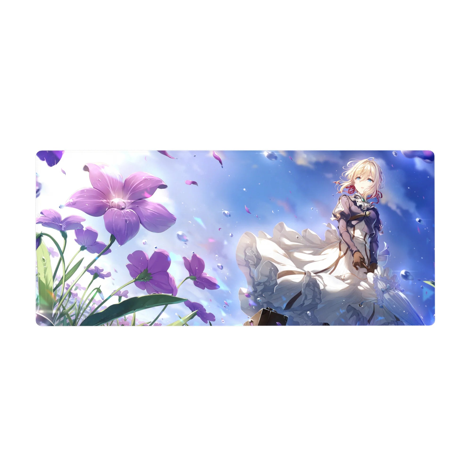 Anime girl desk pad 36x16 inches with blonde girl in white lace skirts, violet jacket, purple flowers.