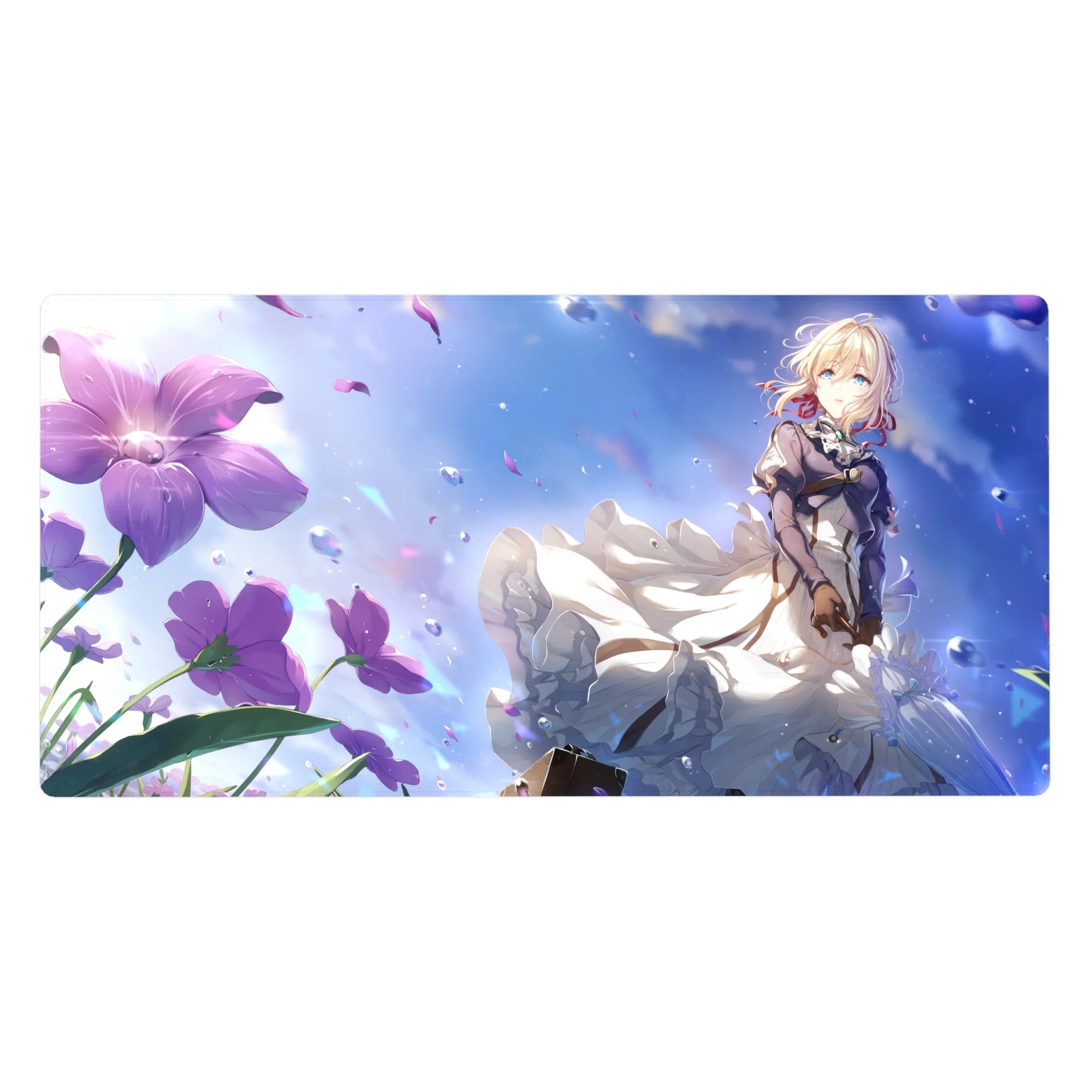 Anime girl desk pad 40x20 inches with blonde heroine, white lace skirt, violet jacket, purple flowers.