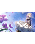 Anime girl desk pad 40x20 inches with blonde heroine, white lace skirt, violet jacket, purple flowers.
