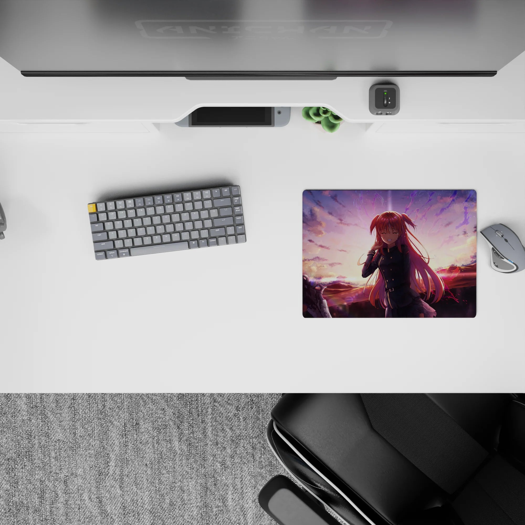 14x10 inches classic anime girl mouse pad in warm peach sunset clouds with violet sparks and cozy vibes.