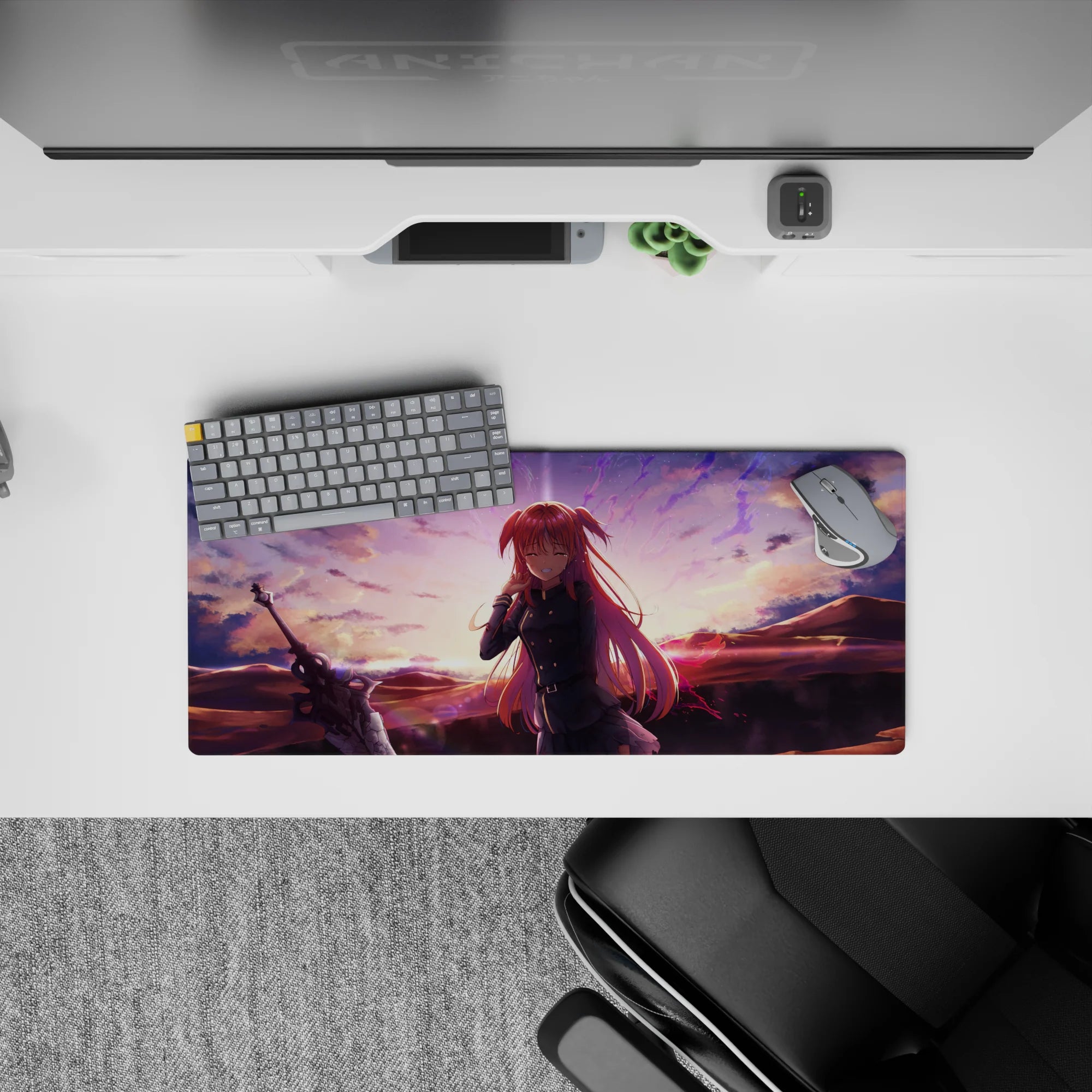 Anime girl mouse pad 28x12 inches in warm peach clouds and violet sparks, cozy sunset vibes for gaming.