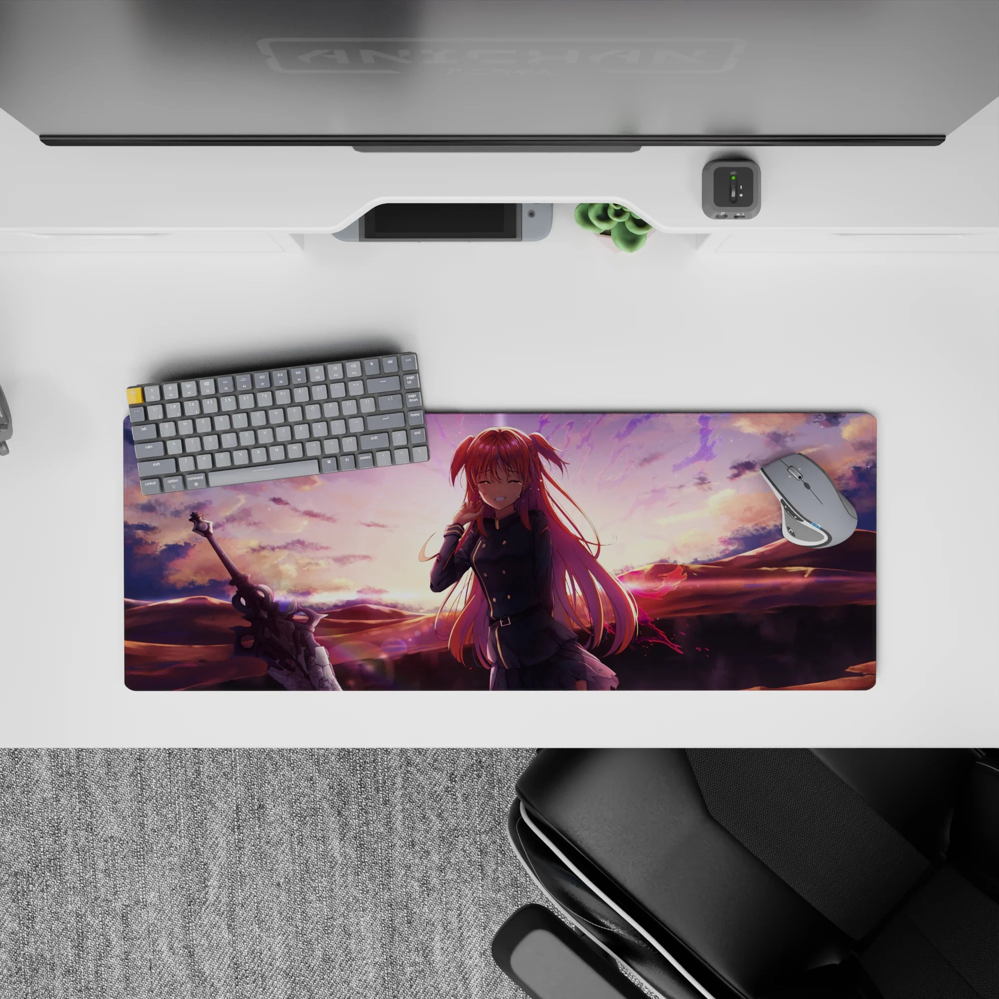 32x12 inches anime mouse pad in sunset peach clouds with violet sparks, dreamy shy-smile vibe.