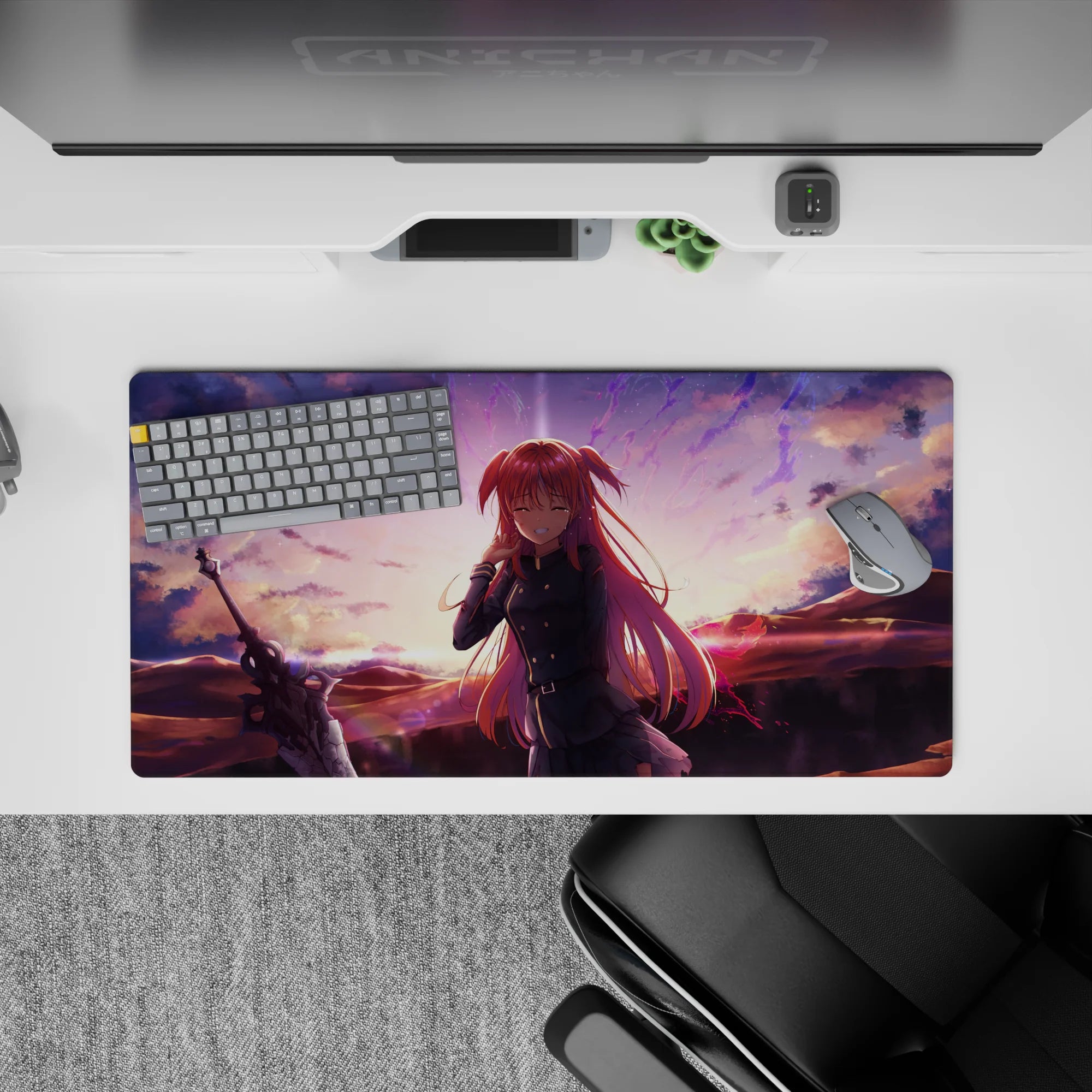 32x16 inches mouse pad in warm sunset peach clouds with violet sparks, cozy dreamy anime desk vibes.