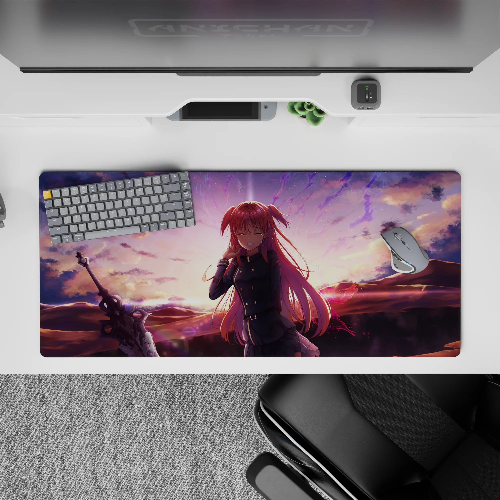 Anime girl desk pad 36x16 inches in warm peach clouds and violet sparks, cozy dreamy gaming vibe.
