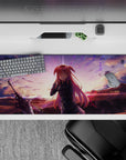 Anime girl desk pad 36x16 inches in warm peach clouds and violet sparks, cozy dreamy gaming vibe.