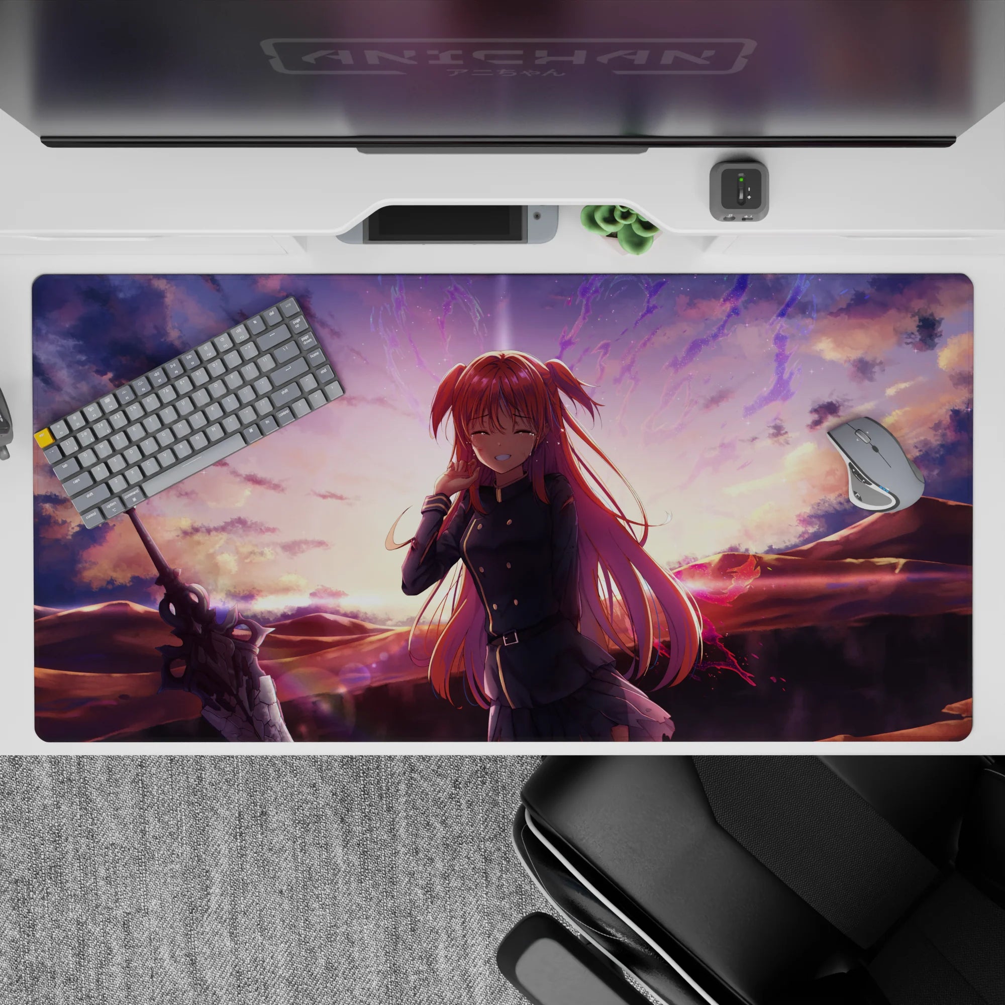 40x20 inches anime desk pad in warm peach clouds and violet sparks, soft romantic gamer vibe art.