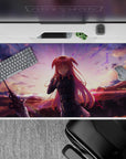 40x20 inches anime desk pad in warm peach clouds and violet sparks, soft romantic gamer vibe art.