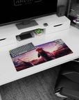 Anime girl mouse pad 28x12 inches showing shy pink-haired girl touching her cheek beside a massive sword.