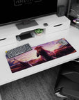 32x12 inches desk mat showing long pink-haired girl touching her cheek in dark uniform beside a sword.