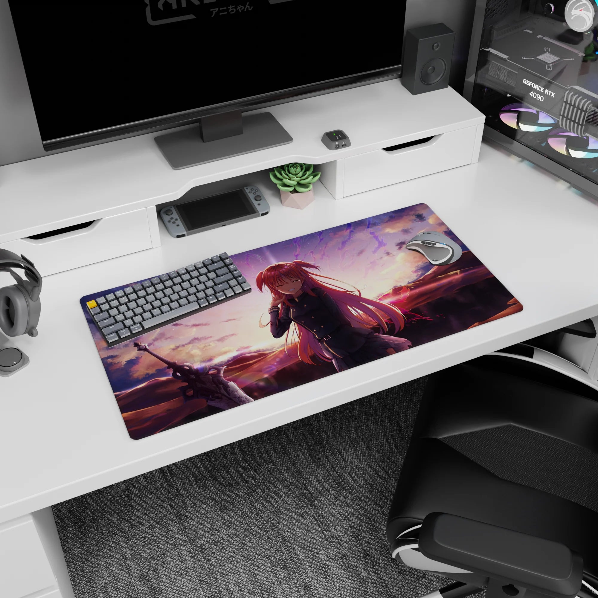32x16 inches anime mouse pad showing shy pink-haired girl touching her cheek beside a massive sword.