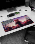 32x16 inches anime mouse pad showing shy pink-haired girl touching her cheek beside a massive sword.