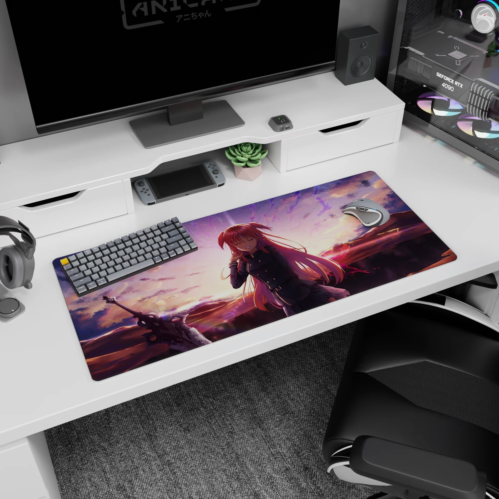 Anime girl desk pad 36x16 inches showing shy smile, hand to cheek, ribbon-pink hair, sword nearby.