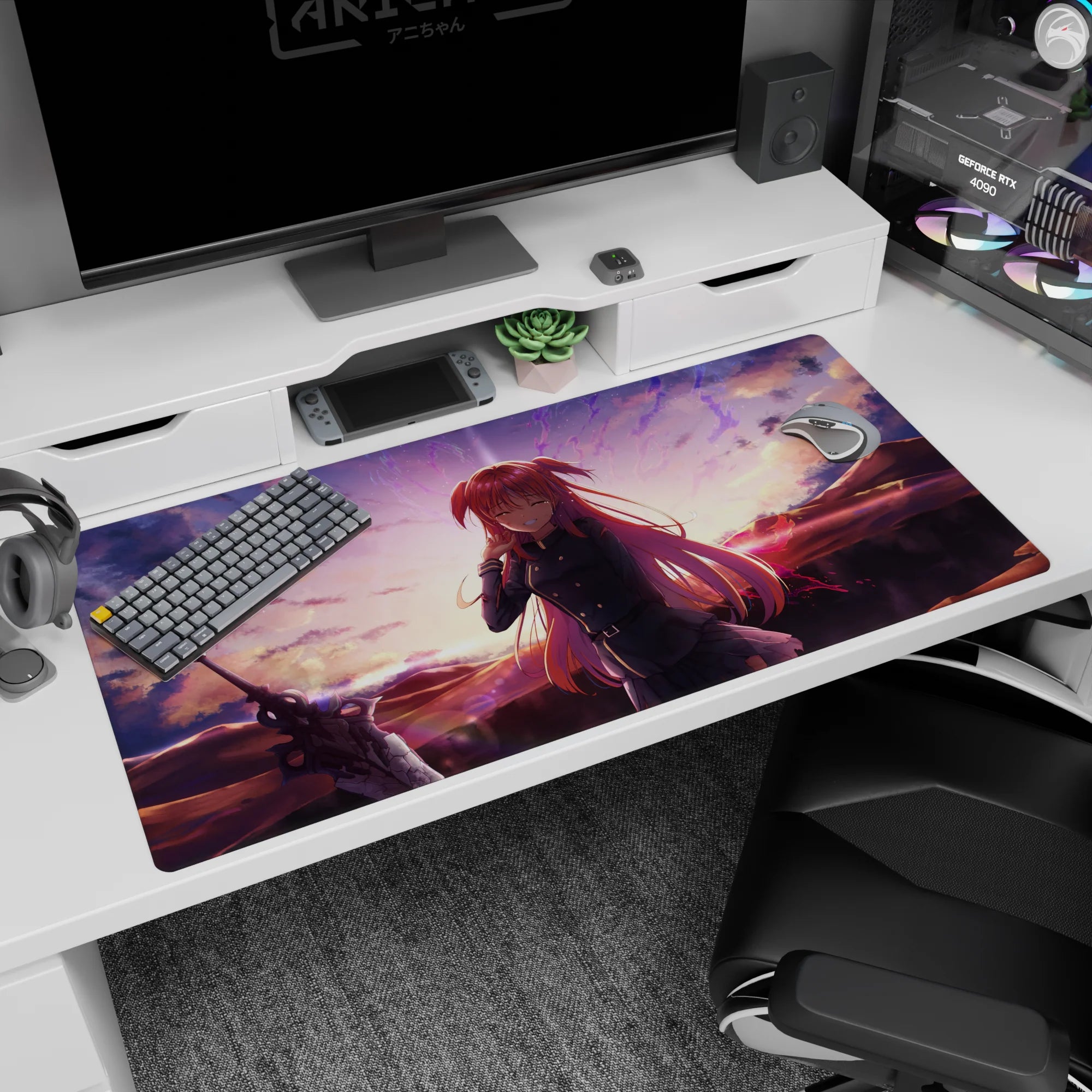 40x20 inches desk pad showing shy pink-haired anime girl touching her cheek beside a massive sword.