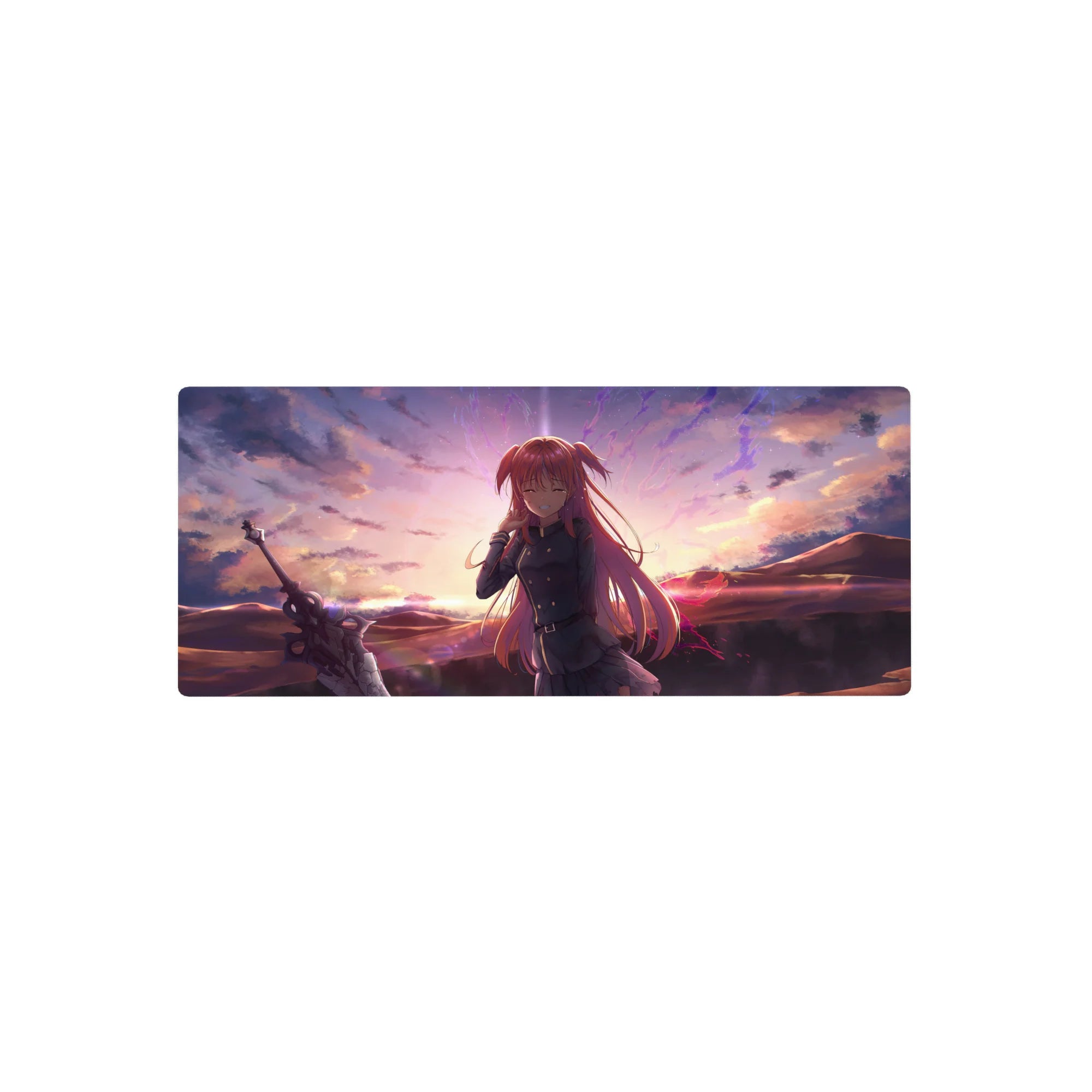Anime girl mouse pad 28x12 inches with pink-haired swordswoman, uniform, pleated skirt, sunset sky art.