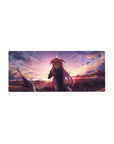 Anime girl mouse pad 28x12 inches with pink-haired swordswoman, uniform, pleated skirt, sunset sky art.