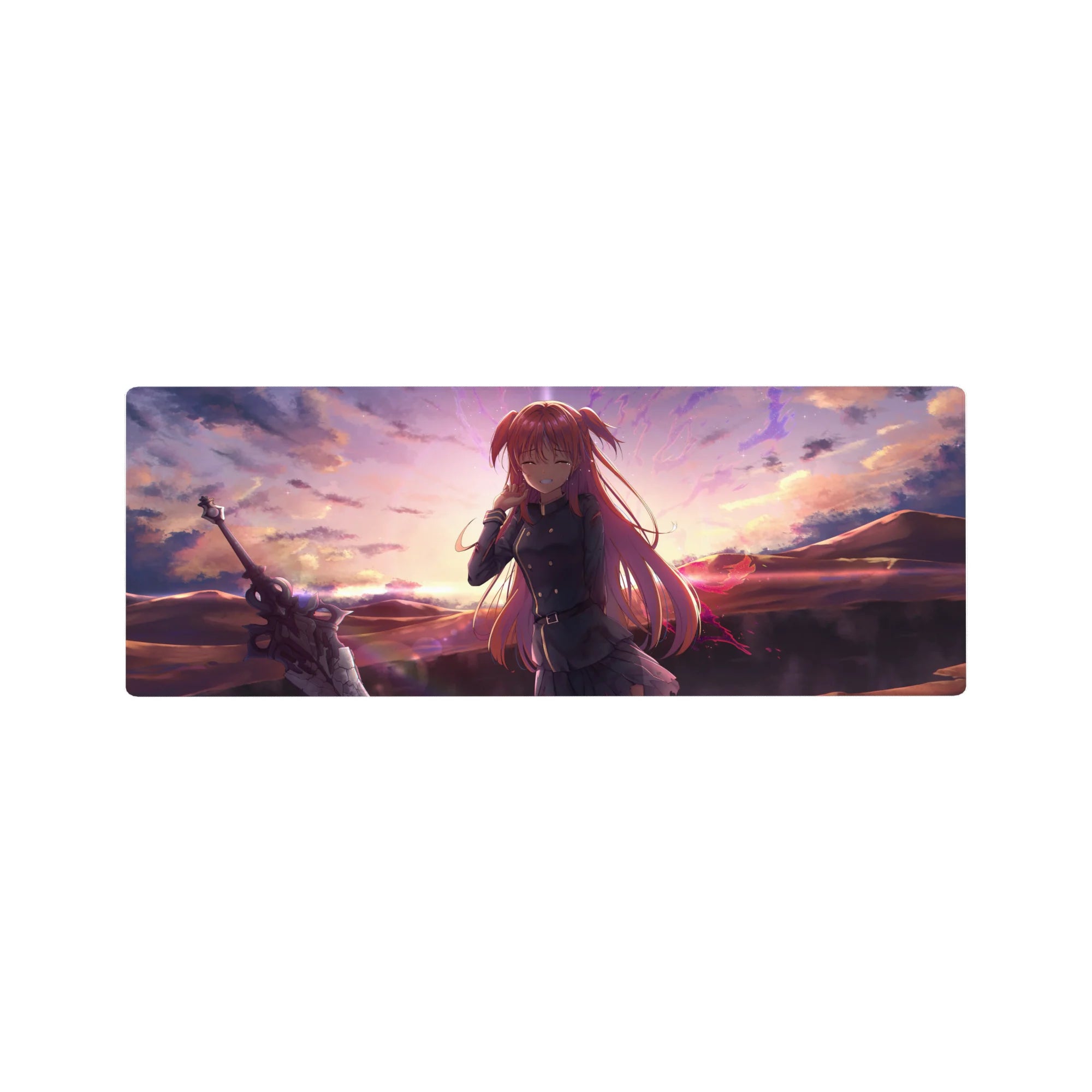 32x12 inches anime girl mouse pad with pink-haired uniform heroine, pleated skirt, and giant sword art.