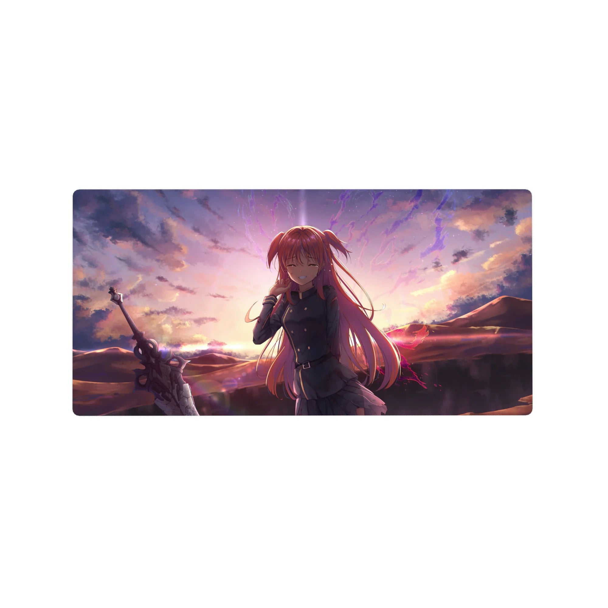 32x16 inches anime girl mouse pad with pink-haired schoolgirl, dark uniform, and fantasy sword art print.