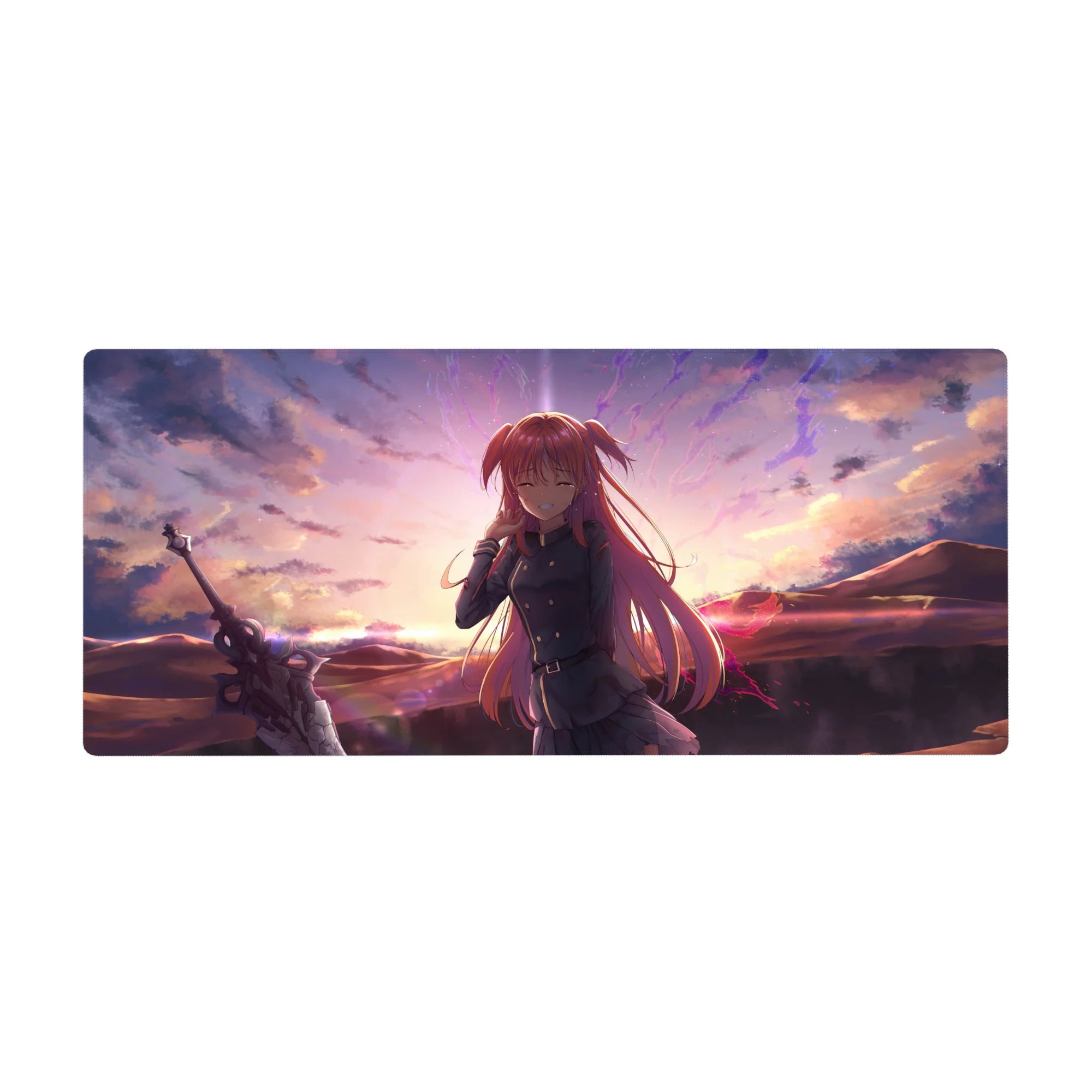 Anime girl desk pad 36x16 inches with pink-haired warrior, uniform, pleated skirt, and sword at sunset.