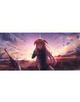 Anime girl desk pad 36x16 inches with pink-haired warrior, uniform, pleated skirt, and sword at sunset.